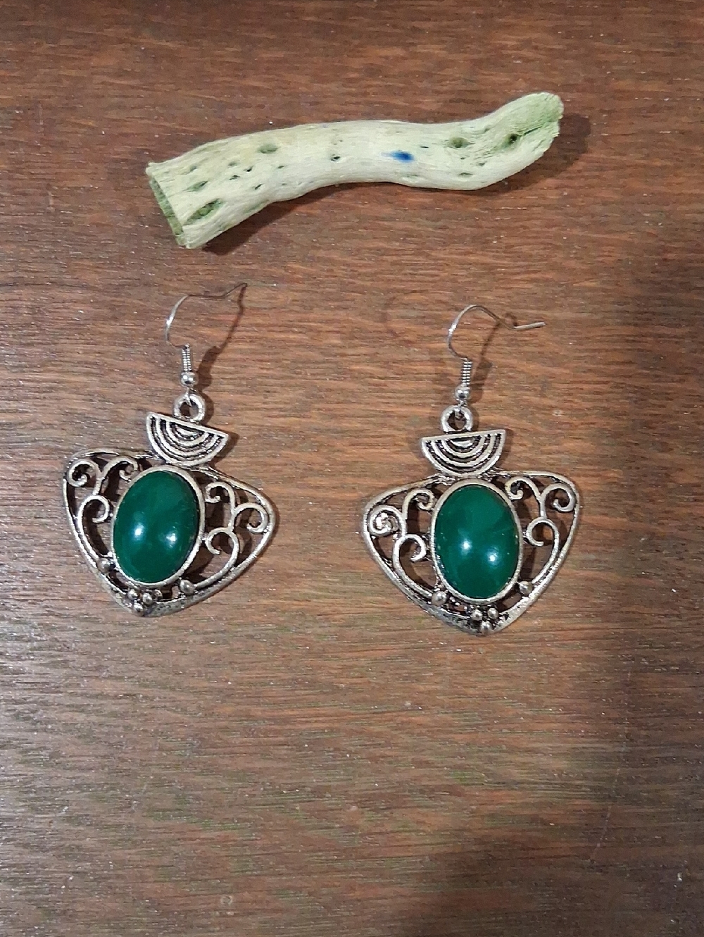Silver Filigree Heart Drop Earrings with Green Stone